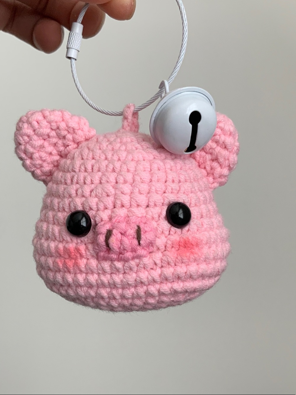Handmade Pink Crochet Pig Keychain with Bell - Kids Toys